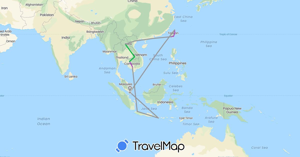 TravelMap itinerary: bus, plane, train in Indonesia, Cambodia, Laos, Singapore, Taiwan, Vietnam (Asia)